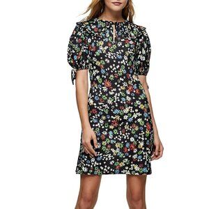 Topshop floral print mini dress black ruffle collar tie short sleeve new 10